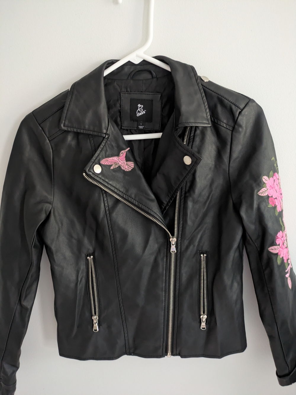 Black Embroidered Faux Leather Moto Jacket Size L Asymmetrical Notch